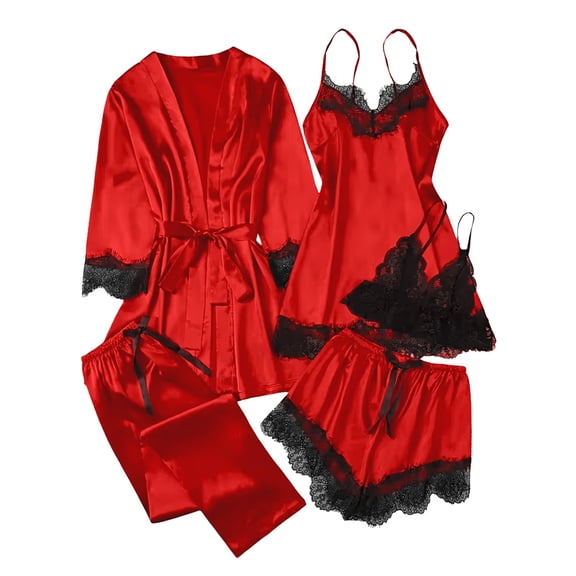 Tnhcen Women's 5-Piece Satin Pajama Set with Robe, Lace Trim Sleepwear & Loungewear Outfit, Plus Size Long Sleeve Nightgown Pajamas for Women S-3XL
