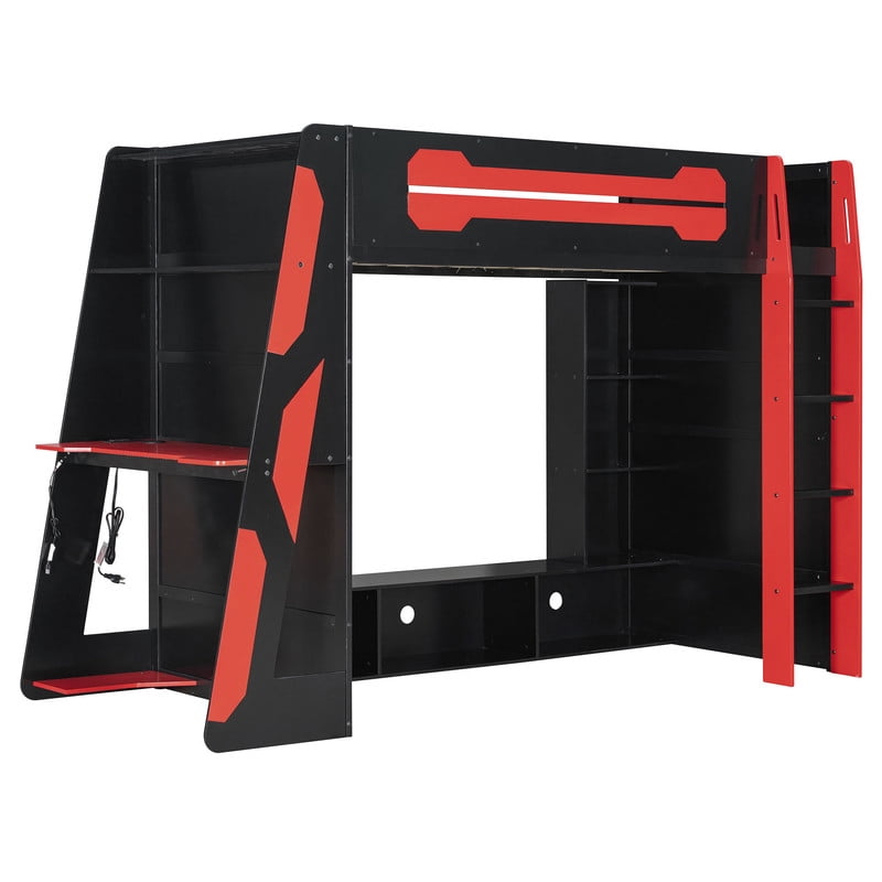 Twin Size Gaming Loft Bed with Desk and RGB LED Light, Wooden Loft Bed Frame with Workstation and Storage Shelves for Bedroom, Dorm Room