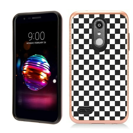 Gold Tone Tank Case (Dual Layer Case for LG Aristo 2 / Aristo 2 PLUS / Tribute Dynasty , OneToughShield ® Hybrid Protective Phone Case with Brushed Texture (Rose Gold Tone) - Checker)