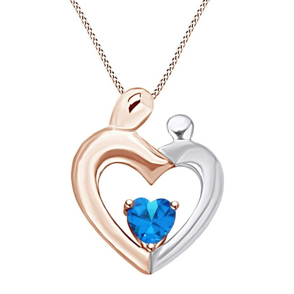 AFFY Mother's Day Jewelry Gift Heart Cut Simulated Blue Topaz Two Tone Mom Pendant Necklace In 14k Rose Gold Over Sterling Silver