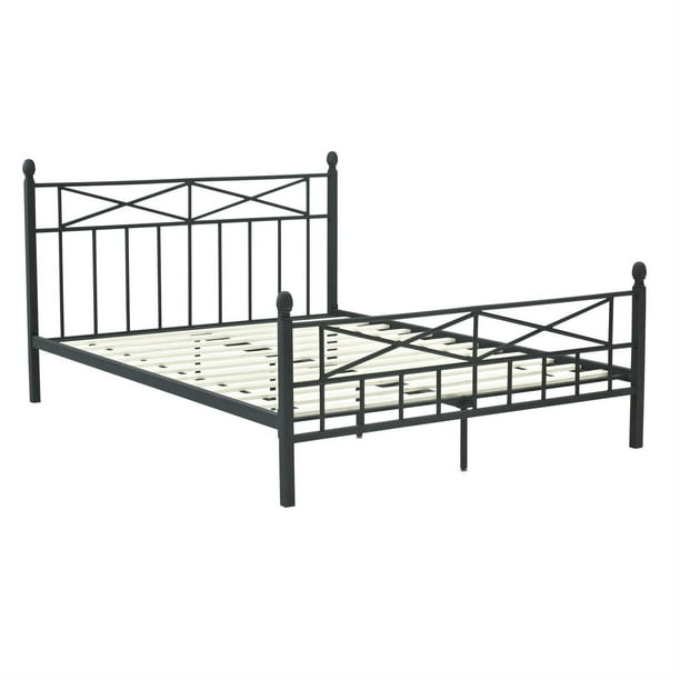 Queen size Matte Black Metal Platform Bed Frame with Headboard