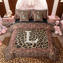 jejeloiu Leopard Monogrammed L 7-Piece Bedding Comforter Set,Rustic Victorian Floral King Bedding Sets For Men Women Reversible