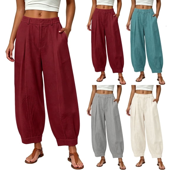 Breezora High Waisted Cotton Linen Balloon Pants for Women Barrel Style Wide Leg Baggy Casual Trousers Summer Pull On Lightweight Bottoms