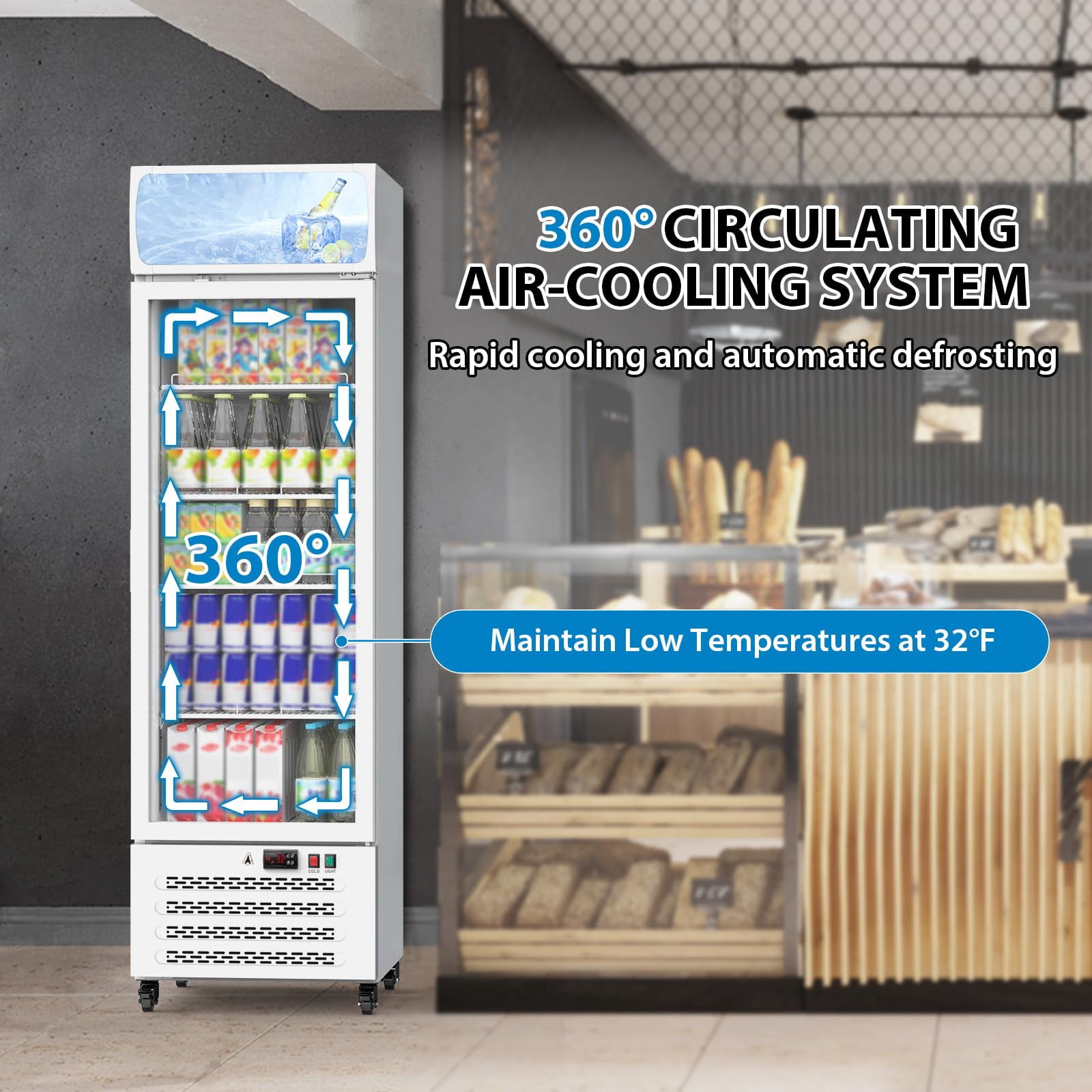 Acekid Dual-Layer Glass Door Commercial Display Refrigerator, Beverage Cooler with LED, White