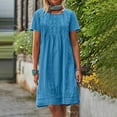 thumbnail image 2 of Ecqkame Women's Cotton Linen Dress Casual Plus Size Loose Midi Dress Crew Neck Short Sleeve Dress with Pockets Blue S, 2 of 5
