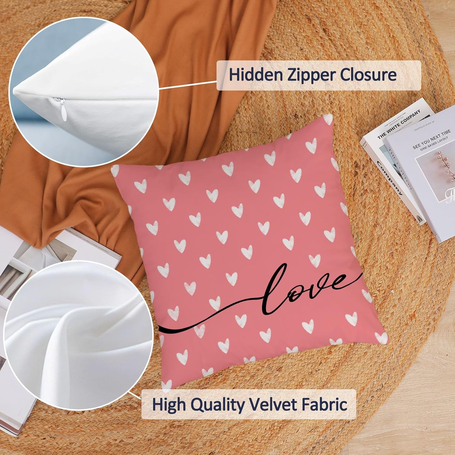 Happy Valentines Day Pillow Covers 22x22 Set of 4 Pink Love You Heart Velvet Throw Pillow Covers Wedding Anniversary Be Mine Pillow Cases Cushion Covers for Outdoor Couch Sofa Decoration(22 Inch)