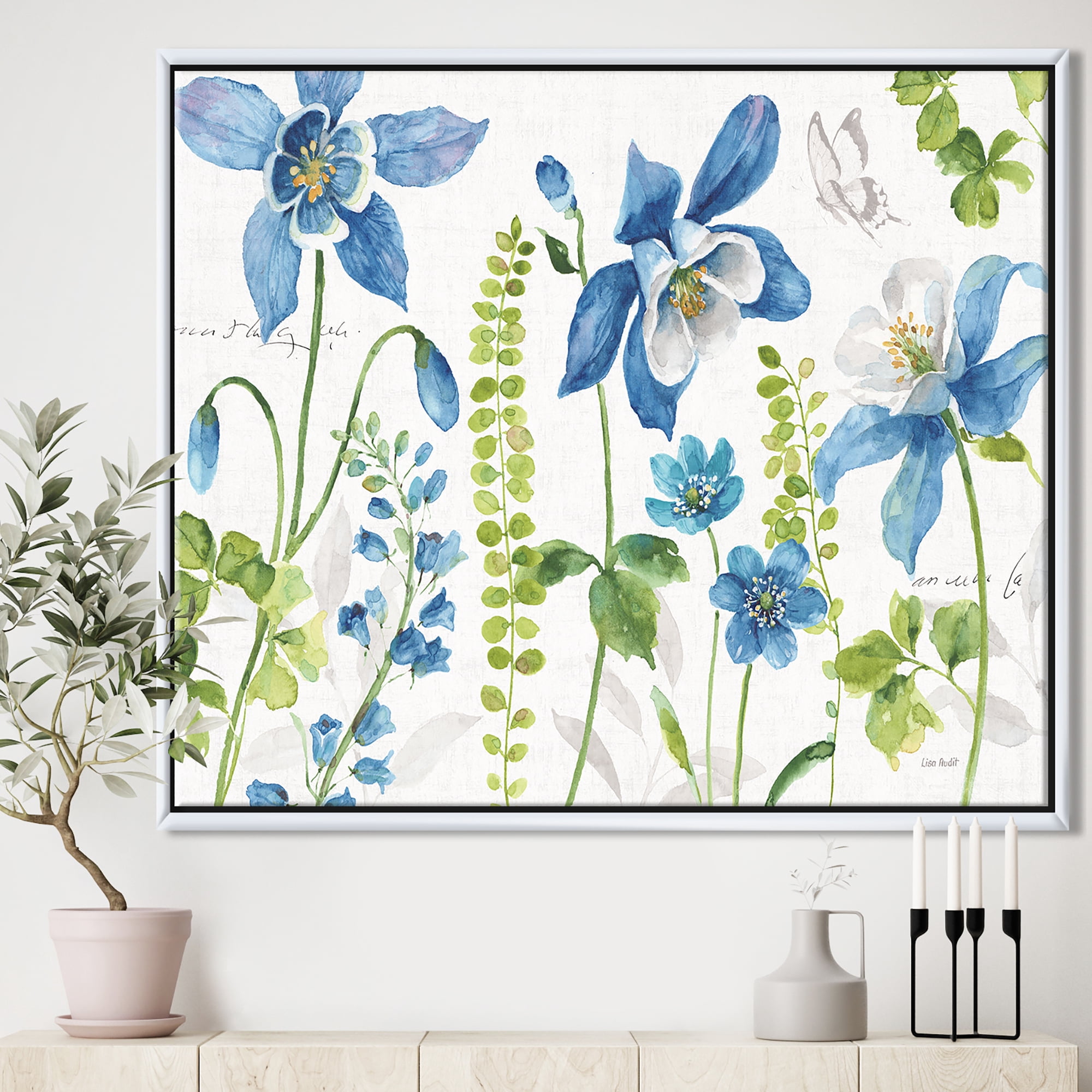 Designart ' Bluebell and Columbine Wild Flowers with Butterfly ' Cabin & Lodge Framed Canvas