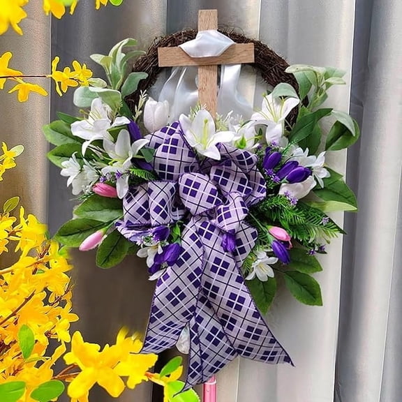 CSSAD Easter Cross Wreath for Front Decor - Christian Spring Front Door Hanging Ornament, Religious Home Decoration with Artificial Flowers, Indoor Outdoor Durable Wreath 17.7 inch