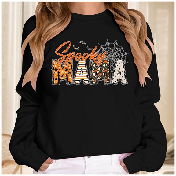 Womens Graphic Sweatshirt Crewneck Halloween Spooky Mama Graphic Pullover Long Sleeve Tee Casual Holiday Top Fall Winter Oversized Sweatshirts Black L