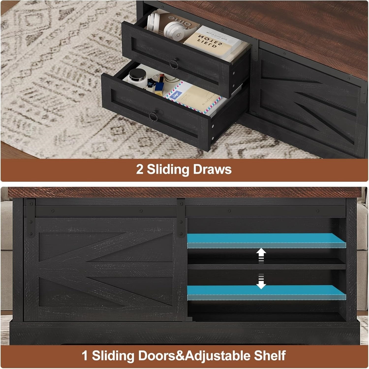 39.4" Lift-Top Coffee Table with Storage, Farmhouse Square Coffee Table with Drawers, Sliding Door and Hidden Storage Compartment, Center Table Gaming Station or Workspacefor Living Room, Black