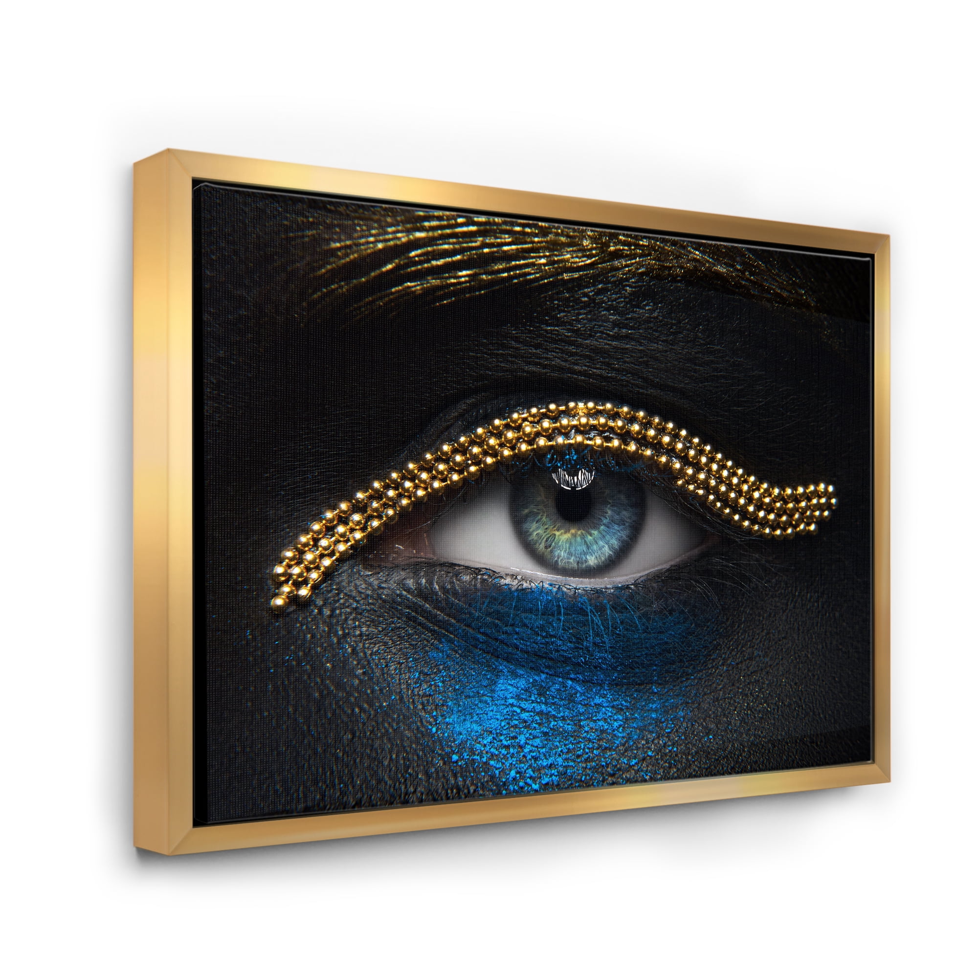 Designart 'Girl Eyes With Gold Chain and Blue Pigment' Modern Framed Canvas Wall Art Print