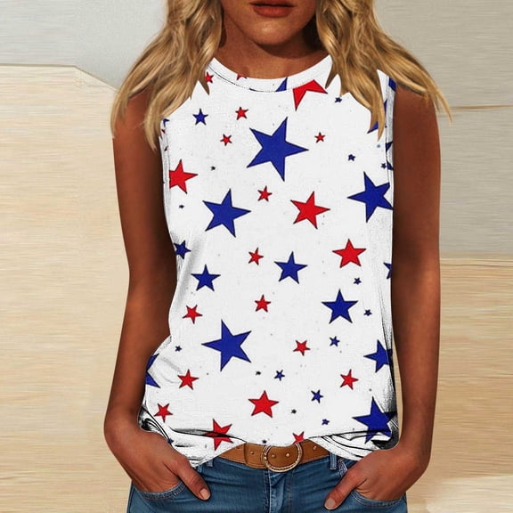 Jsaierl Womens 4th of July Tank Tops Casual Patriotic Red White and Blue Graphic Tees Cute Sleeveless T Shirts Camisole Athletic Round Neck Tanks S-XXXXXL
