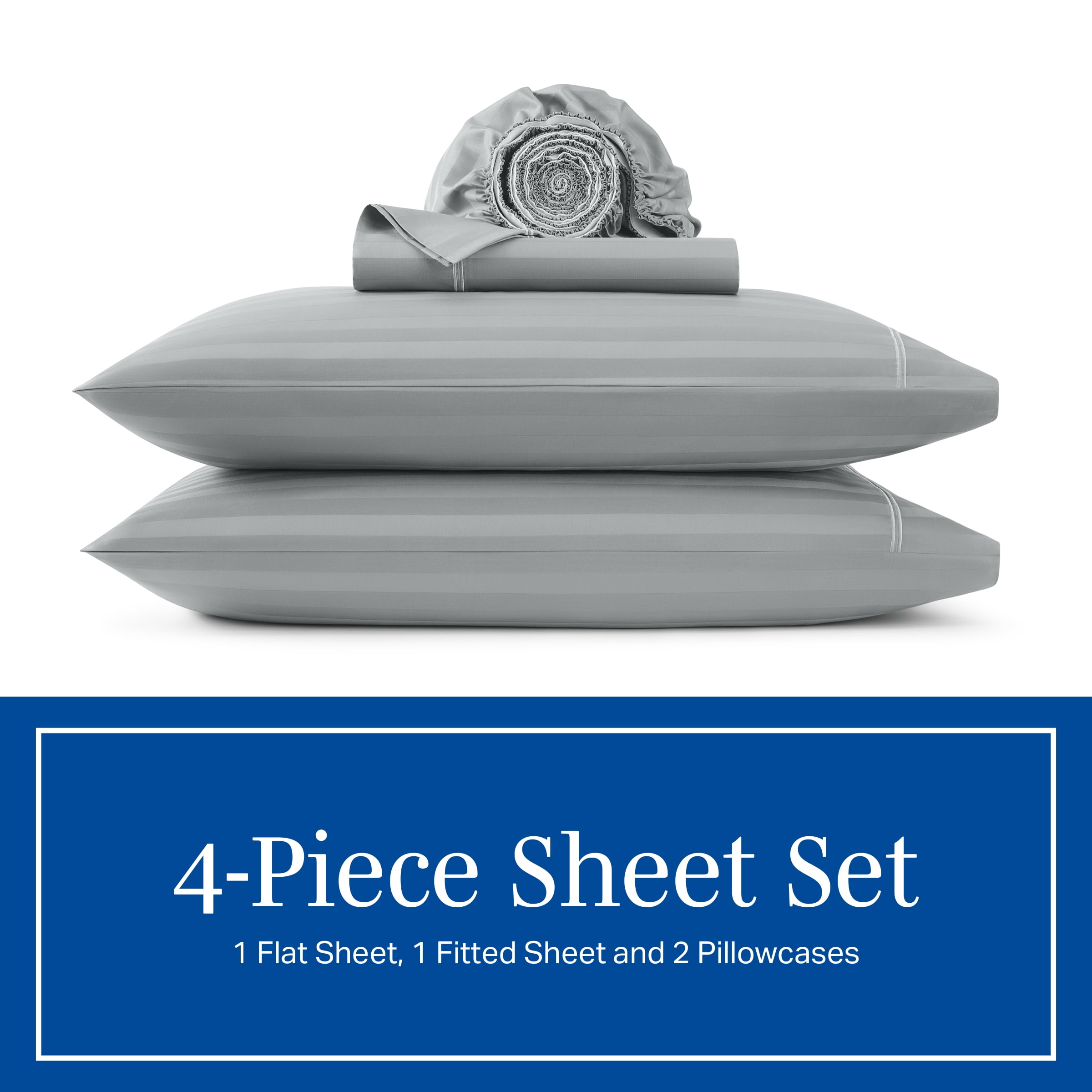 Wamsutta 1846 4-Piece 650 Thread Count Gray Flannel Stripe Egyptian Giza Cotton Sateen Bed Sheets, King-Deep Pocket