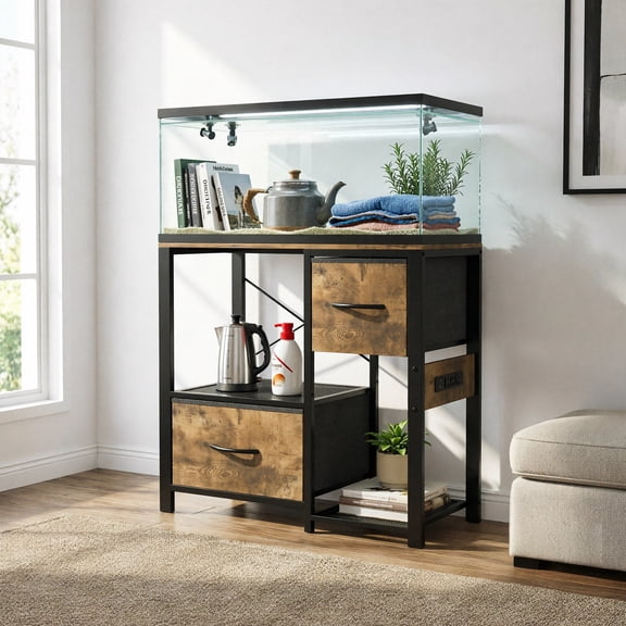 4-Tier Open Storage Aquarium Stand with Drawers, Metal Wood Freestanding Rack Power Outlets for 20-37 Gallon Fish Terrarium Turtle Tank Display