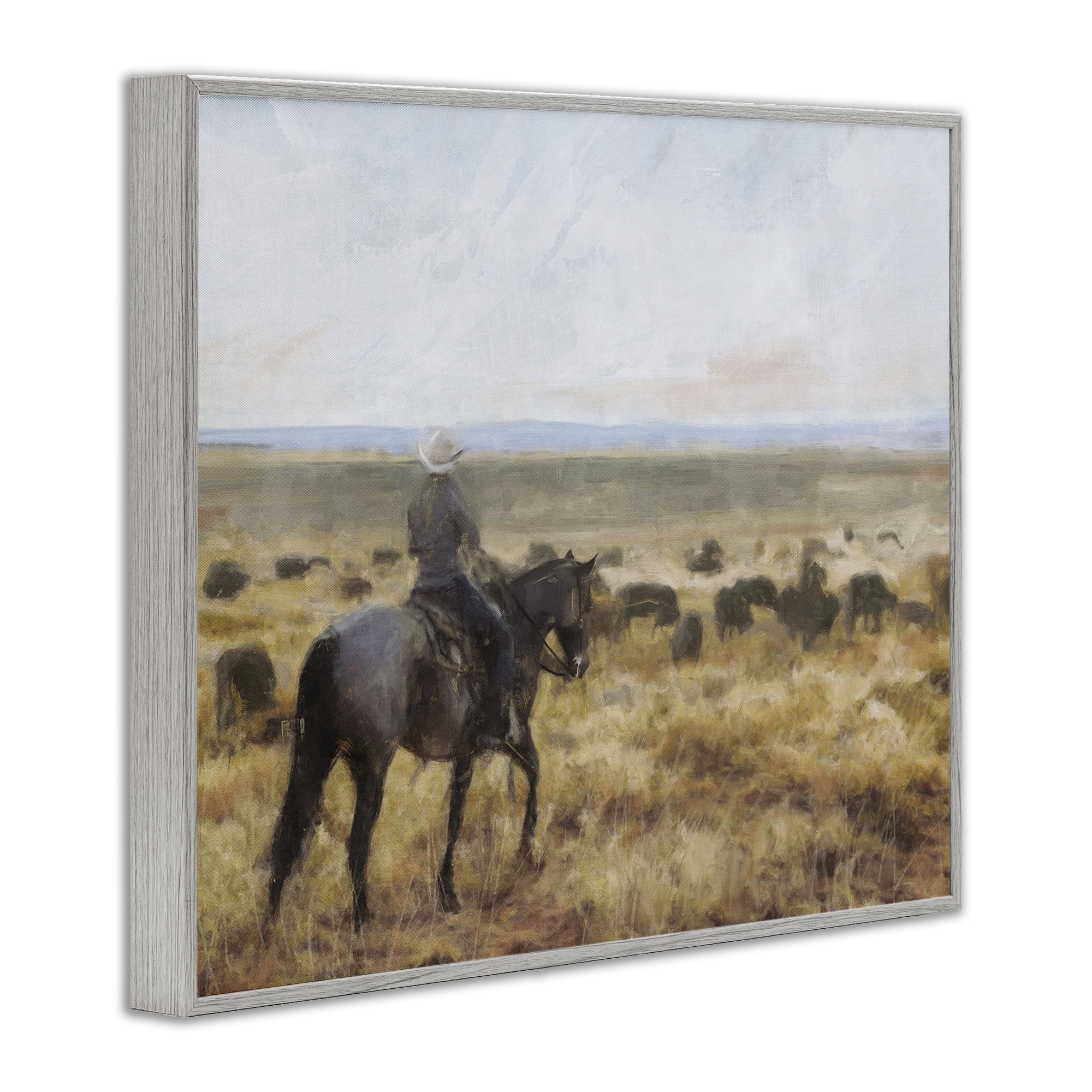 Stupell Industries On The Range Cowboy Landscape Painting Gray Framed Art Print Wall Art, 20 x 16