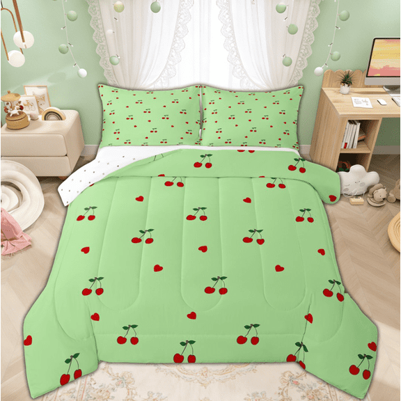 Manfei Green Cheryy Teens Full Size Comforter Sets for Kids Girls, Cartoon Princess Love Heart Bedding Comforter Set, Reversibles, 3pcs