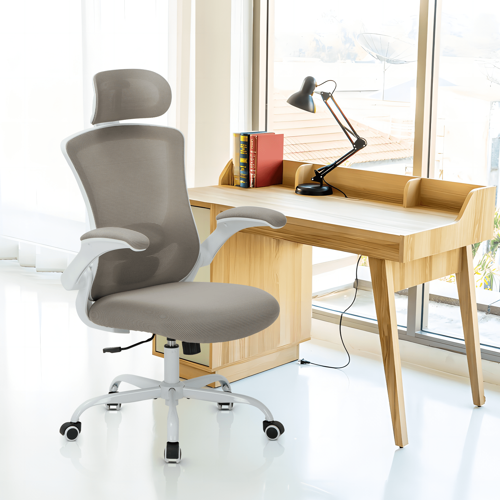 AFO High Back Ergonomic Office Chair, Adjustable Lumbar Support & Headrest Mesh Desk Chair with Flip-Up Arms, 275lbs Heavy Duty Metal Base Computer Task Chair for Home Office, Khaki