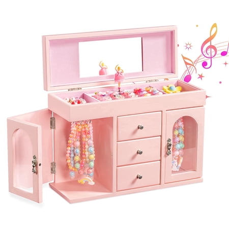 Sfugno Musical Jewelry Box for Girls Wooden Jewelry Organizer Box with Mirror 3 Layer Jewelry Storage Drawers Pink