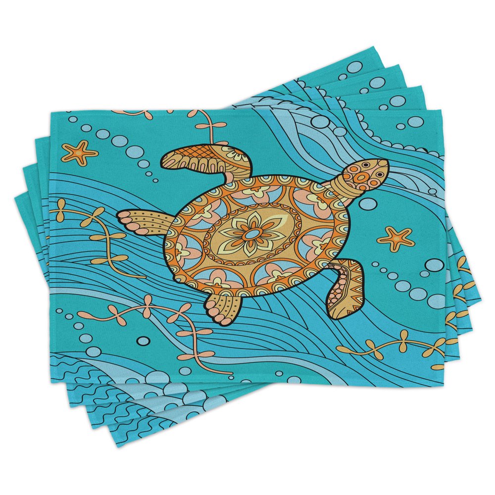 Turtle Placemats Set of 4 Doodle of Sea Turtle on Water Surface