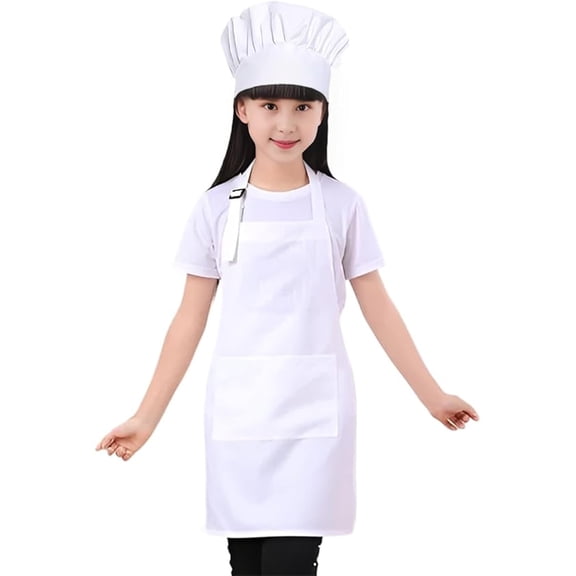 Genreen Kids Chef Hat And Apron Set For Cooking Baking Painting, 24.8in x17.7 in Adjustable Kids Aprons And Chef Hats Set, White