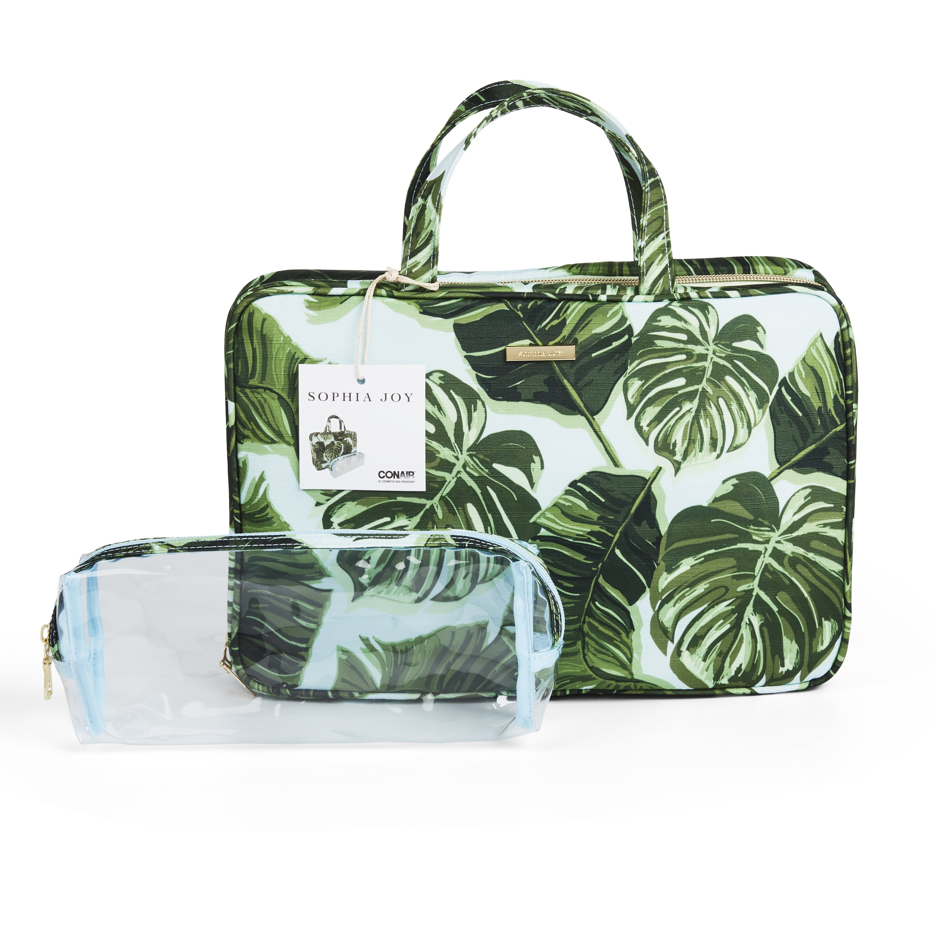 Sophia Joy 2-Piece Travel Cosmetic Bag Weekender with Transparent Case, Palm Blue Pattern