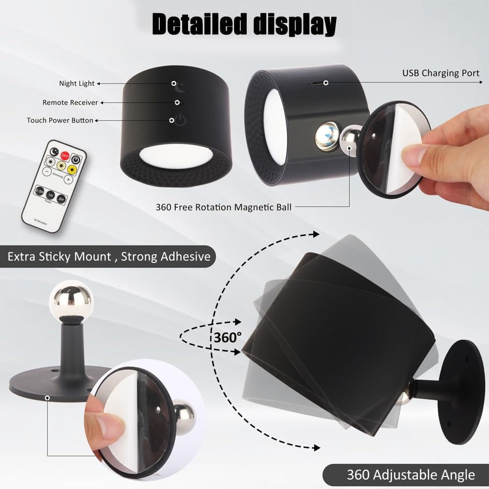 Smart Lights Wall Lamp, LED Wall Light for Pictures, Rechargeable 3 Color Temperatures Dimmable Magnetic 360° Rotation Cordless Wall Sconce for Study Bedroom Reading Hallway Bedside (2Set Black)