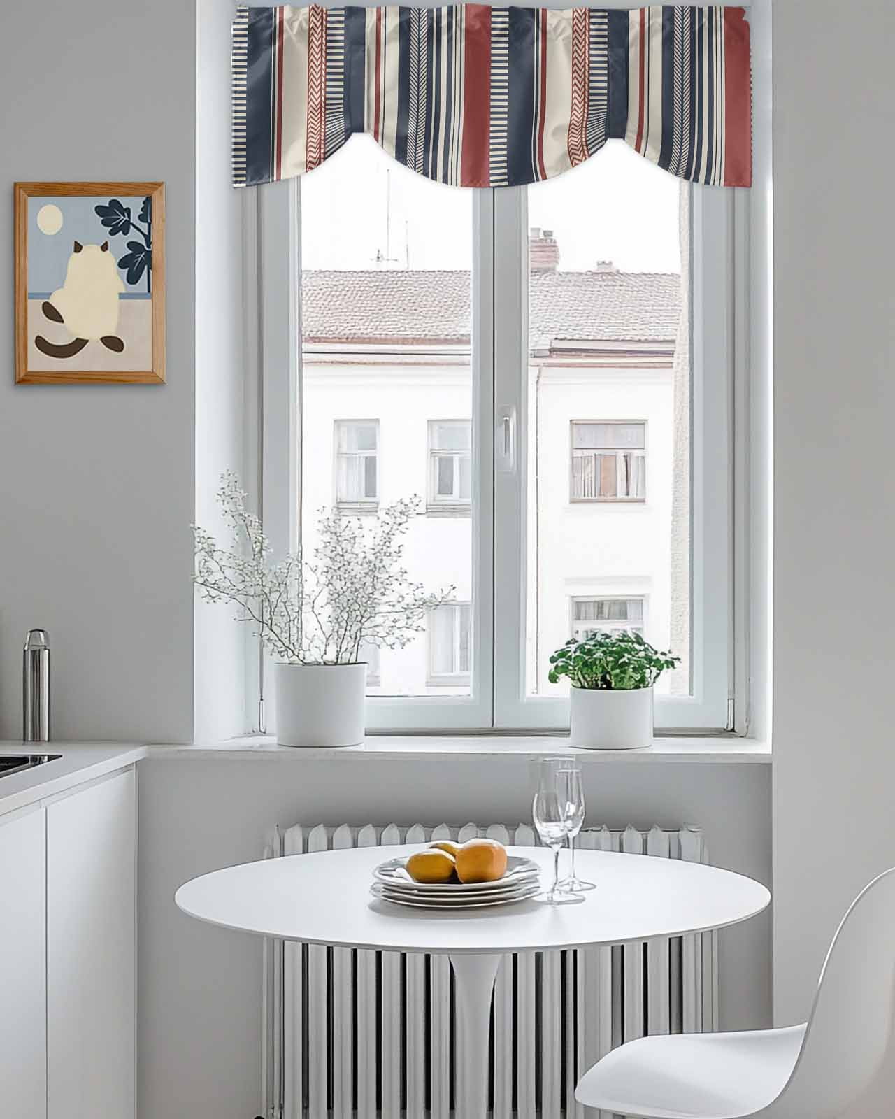 Vintage Stripes Tie Up Valances Curtain, Navy Red Beige Striped Retro Lines Kitchen Valances for Windows Decor, Rod Pocket Short Curtains Set for Bedroom/Bathroom, 60"x18"