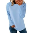 thumbnail image 2 of Lenpel Women's Tops Textured Long Sleeve Crew Neck Solid Color T Shirts Soft Casual Tees Loose Tunic Blouses(Sky Blue,X-Large), 2 of 7