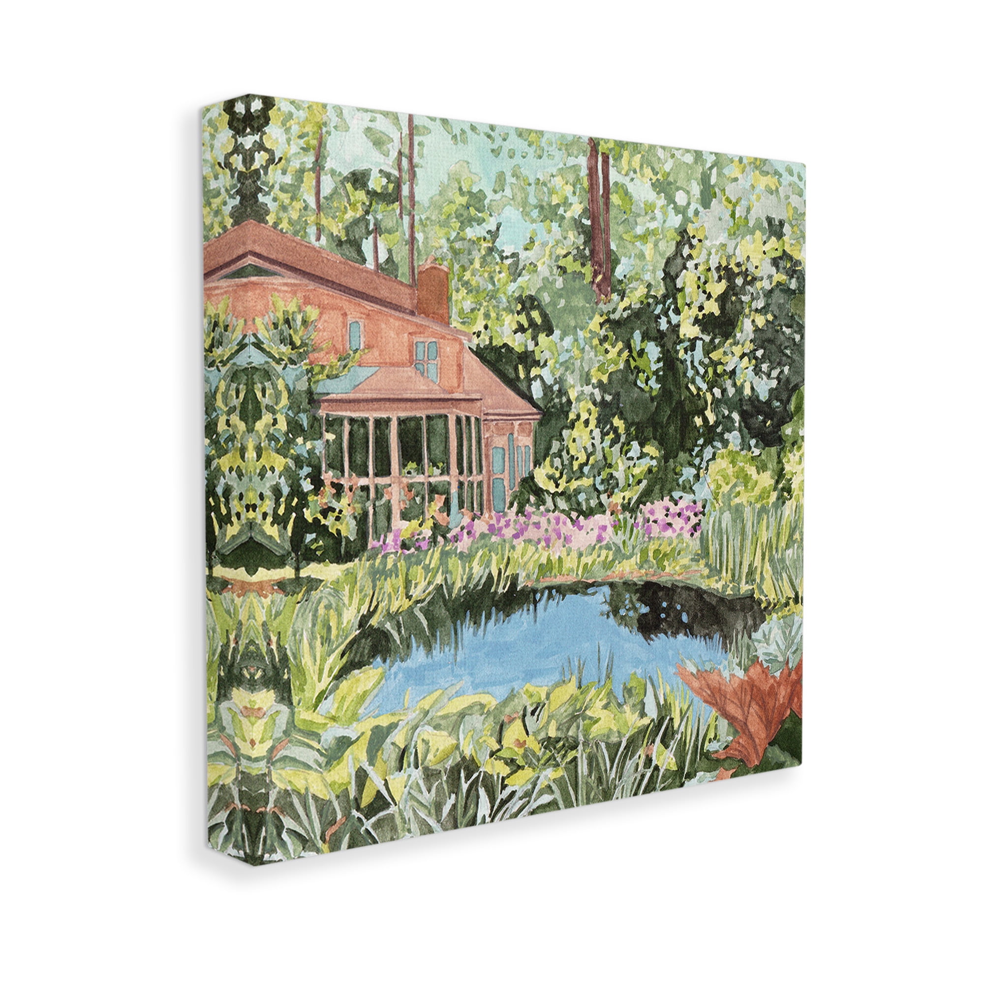 Stupell Industries Cottage with Backyard Pond Landscape Painting Gallery Wrapped Canvas Art Print Wall Art, 24 x 24