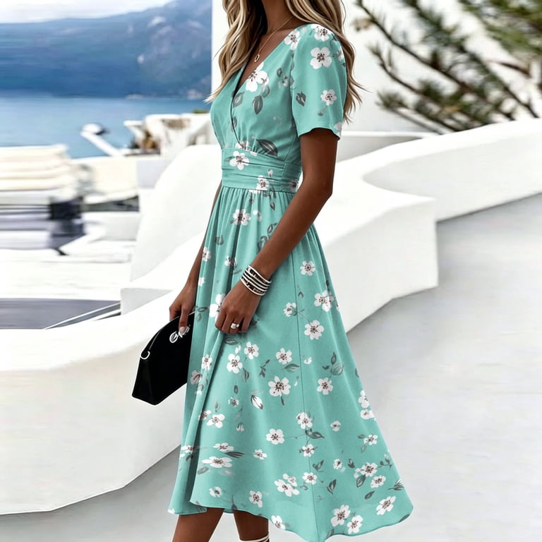 SAATLERI Formal dresses for women Wrap Tummy Control A-Line Midi V-Neck Short Sleeve Dress Beach Vacation Sundress Modest Dresses, Women's, Size: 3XL