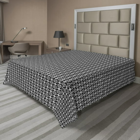 Abstract Flat Sheet, Design of Flower and Geometric Inspired Shapes Monochrome Layout, Soft Comfortable Top Sheet Decorative Bedding 1 Piece, 6 Sizes, Charcoal Grey and White, by Ambesonne