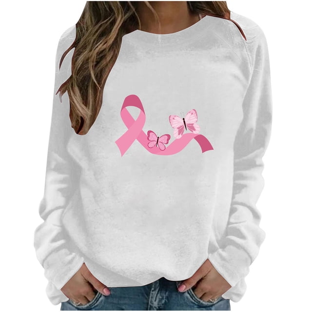 Meichang T-Shirts à Ruban Rose pour Femmes Manches Longues Col Rond Chandails en Molleton de Détente Chandail Graphique à Ruban Rose en Octobre