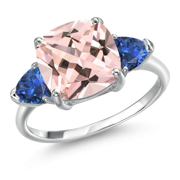 Gem Stone King 5.40 Ct Cushion Peach Nano Morganite Blue Created Sapphire 10K White Gold Ring (Size 6)