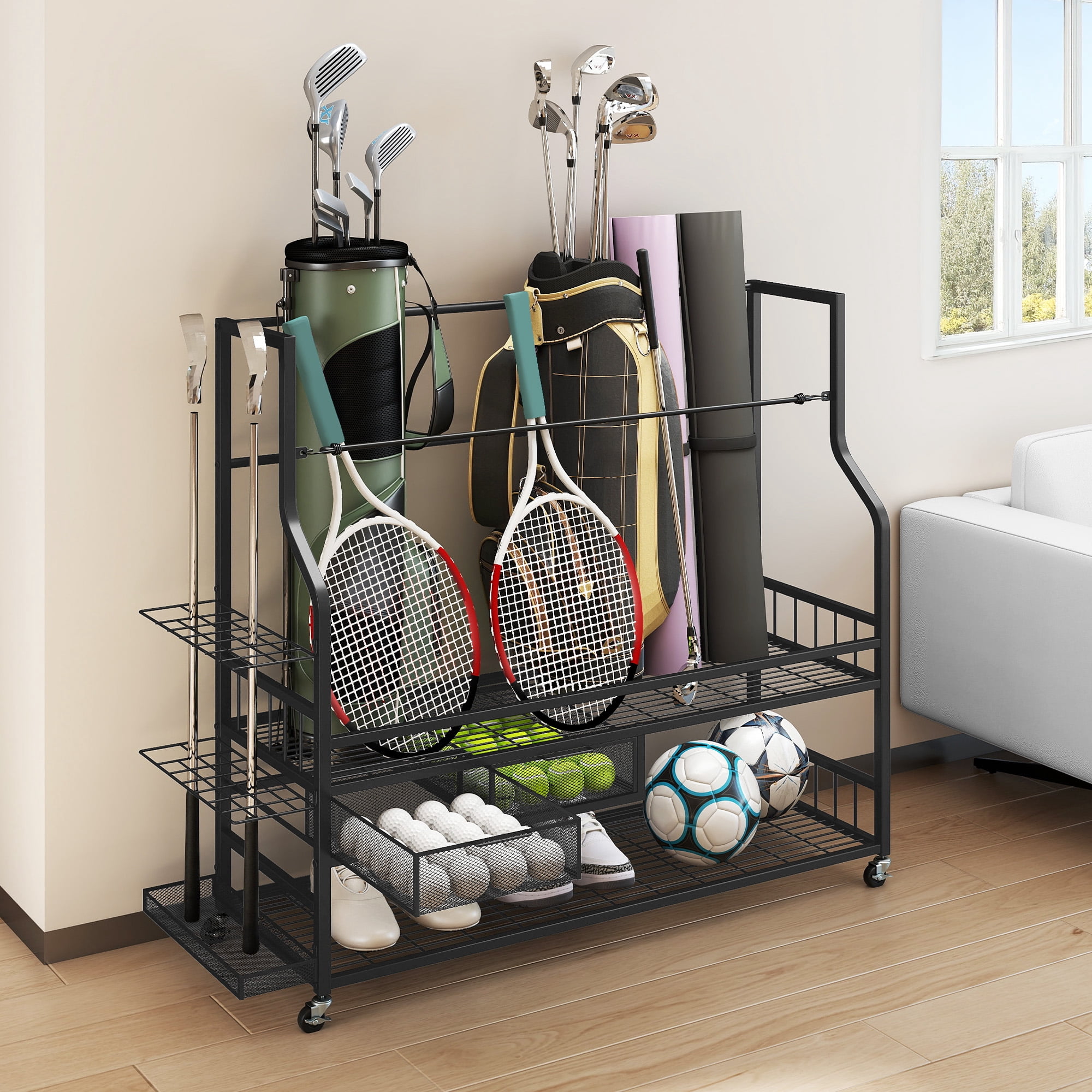 Uforic 4-Bag Golf Storage Rack with Wheels and Lockable Drawers