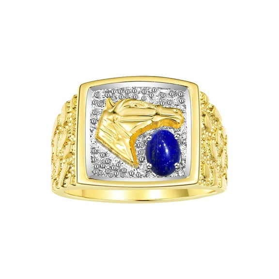 RYLOS Men's Rings 14K Yellow Gold Rings Lucky Nugget Horse Head 6X4MM Oval Gemstone & Diamond Ring Lapis September Birthstone Rings For Men Size 8