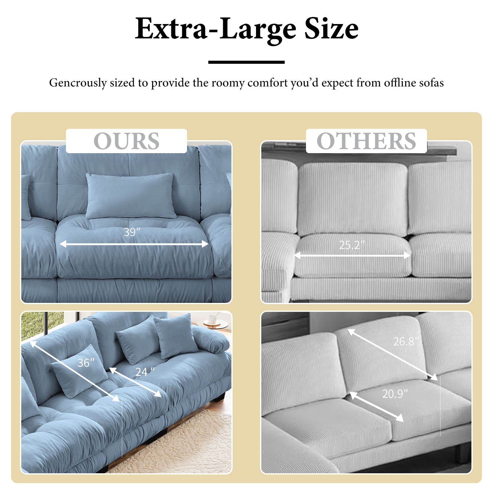 133.8" Oversized Couch, 3 Seater Modular Sectional Sofa, Blue Large U Shaped Sectional Couches for Living Room, Fluffy Chenille Fabric Cloud Couch with Ottoman, Deep Seat Sofas