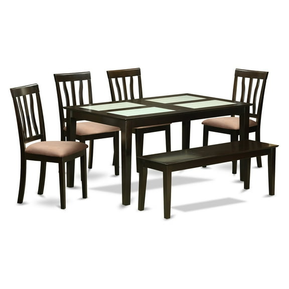 6 Pc Kitchen Table with bench set - Glass Top Table and 4 Dining Chairs plus bench
