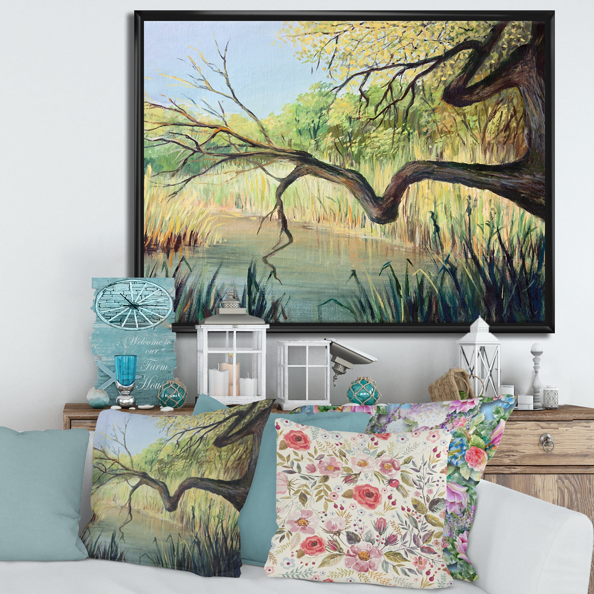 Designart 'The Lake of Silence From The Tree' Lake House Framed Canvas Wall Art Print