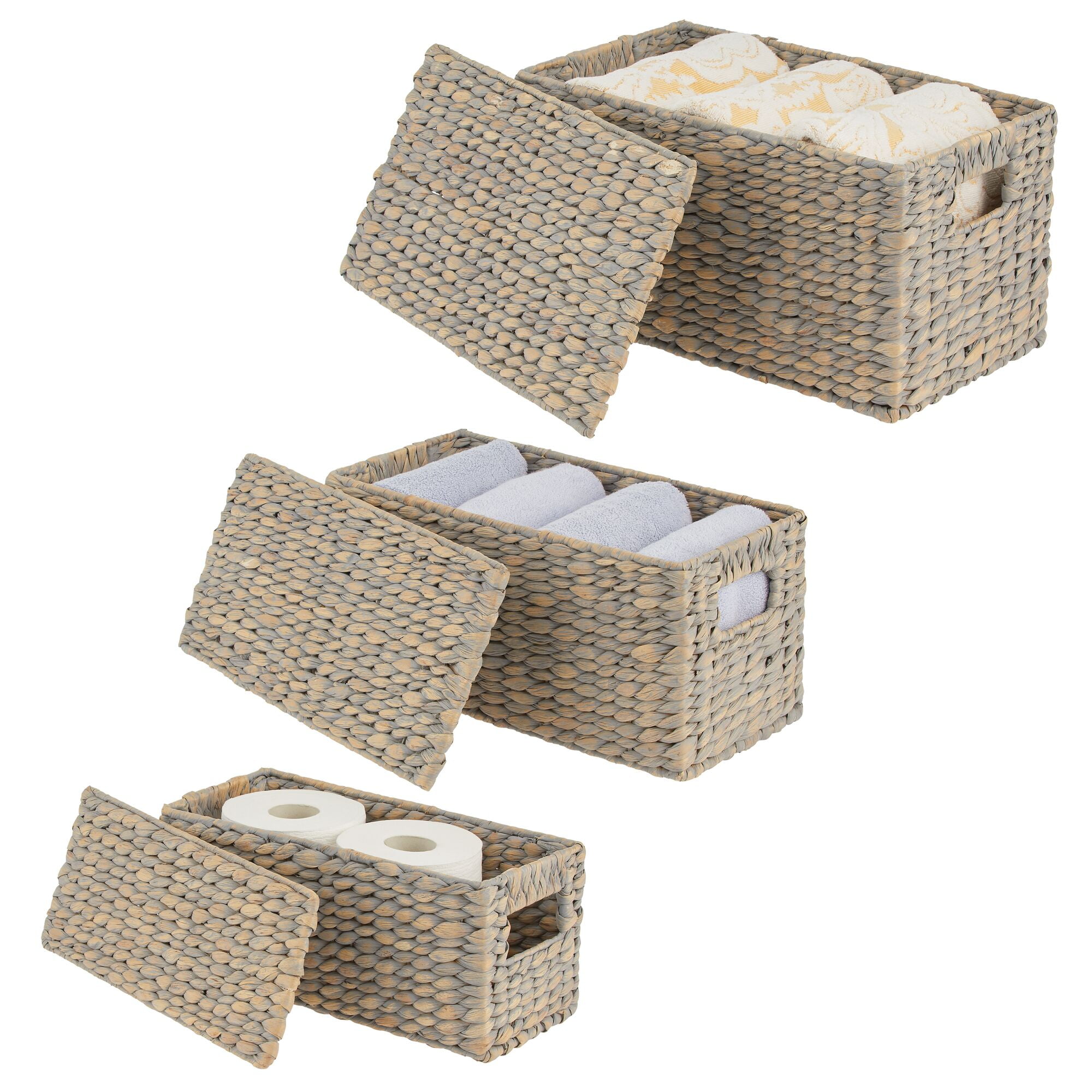 mDesign Woven Water Hyacinth Storage Basket with Lid/Handles, Set of 3 - Gray