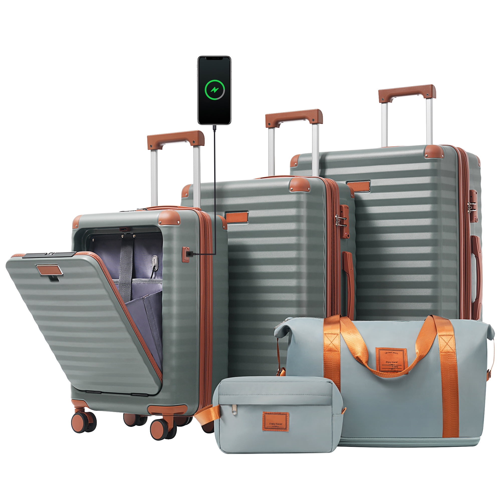 MAYEERTY 5-Piece Hardside Luggage Travel Set with TSA Lock,Front Opening,USB Port,Cup Holder,Duffle & Toiletry Bag