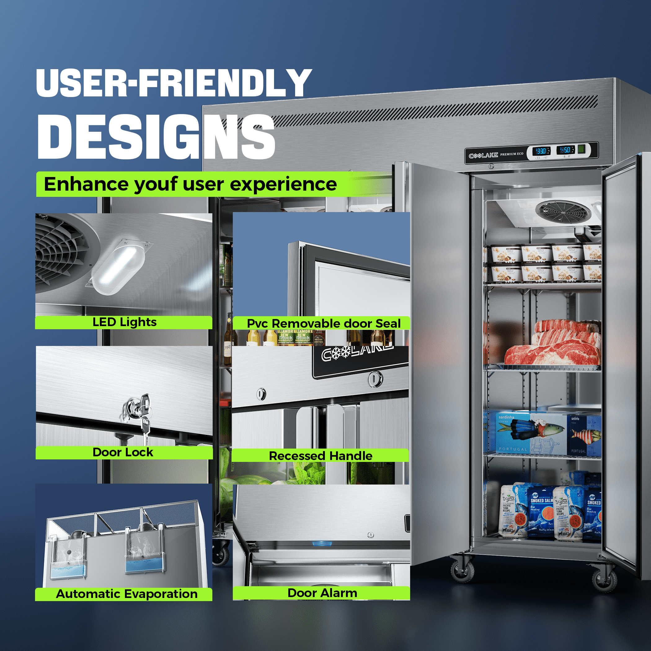 Coolake Commercial Refrigerator and Freezer Combo, 72" W Dual Temperature Zones, 54 Cu.ft 3 Door