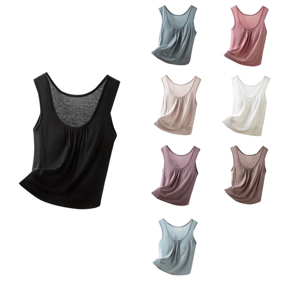 Antinious Ladies Solid Crewneck Sleeveless Built In Bra Summer Casual Tank Top