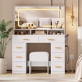 thumbnail image 3 of Vanity Desk with Mirror and Lights, Makeup Table with Glass Top & 8 Drawers, 3-Color LED Mirror, Power Outlets & USB, Hair Dryer Holder, Stool Included, Dressing Table Set for Bedroom, 3 of 7