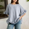 thumbnail image 2 of Blouse à Col à Volants pour Femmes - Chemise Boutonnée à Manches Courtes d'Été, Coupe Ample Décontractée Col Rond avec Détails Féminins (Gris / TG), 2 of 7
