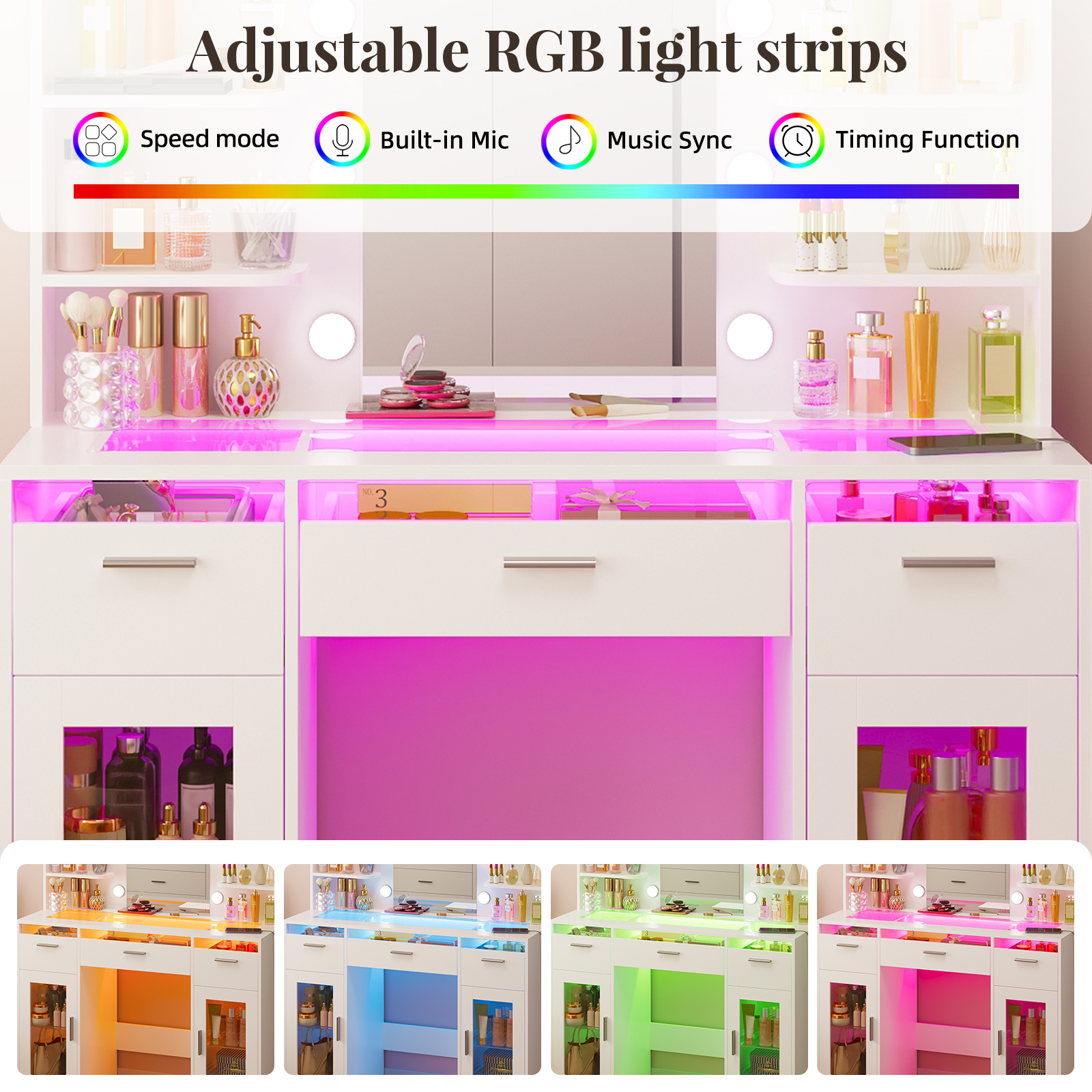 TOMNK Vanity Desk with Mirror and Lights, Transparent Top, 3 RGB Drawers, Shelves & Cabinets, White