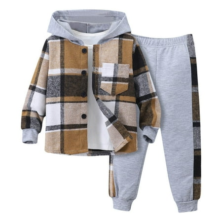 

Toddler Boys Fall Outfits Set Clothes Plaid Hooded Shirt 2 Piece OutfitLong Sleeve Button Front Hooded Sweatshirt Set Fall Winter Hoodie and Sweatpants Suit Light Gray 2Y