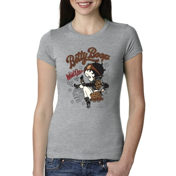Wild Bobby, Biker Betty Boop Wild One MC Motorcycle Betty Boop Womens Slim Fit Junior Tee, Heather Grey, Large