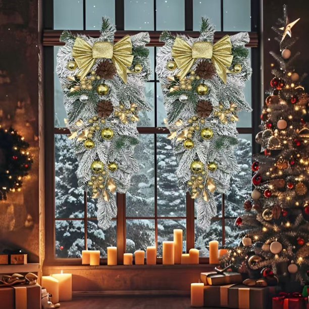 Decoraciones de Corona Navideña, Colgantes de Terciopelo, Adorno Festivo para Escaleras, Decoración de Pared con Bayas y Lazos, Juego de 2 Piezas para Decoración Navideña del Hogar.
