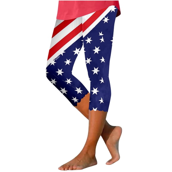 qelini USA Flag Leggings for Women Plus Size Capris Pants High Waist Print Ankle Pants Daily Wear