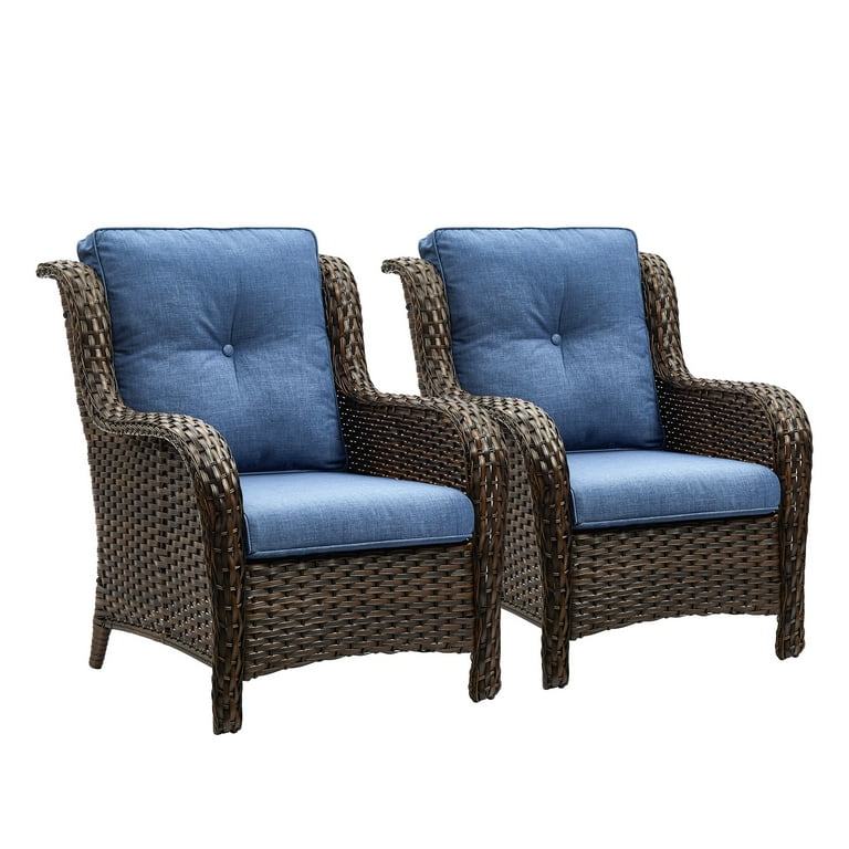 PARKWELL Large Outdoor Rattan Wicker Patio Lounge Chairs Set of 2 with Cushions Brown Blue Walmart